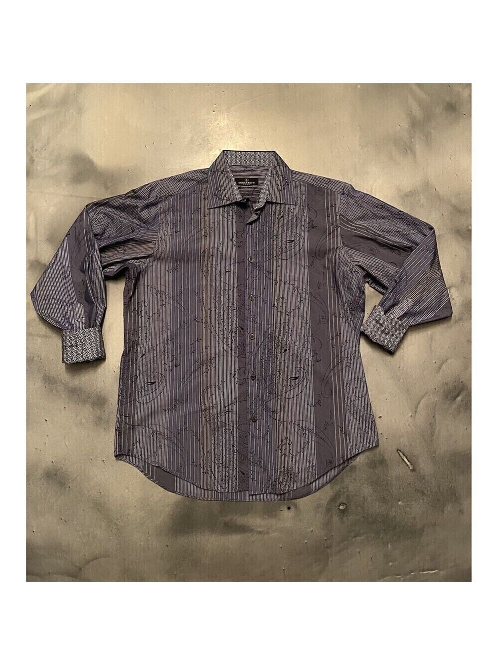 Bugatchi Uomo Dress Shirt Mens L Blue Floral Paisley Flip Cuff Cotton Button Up